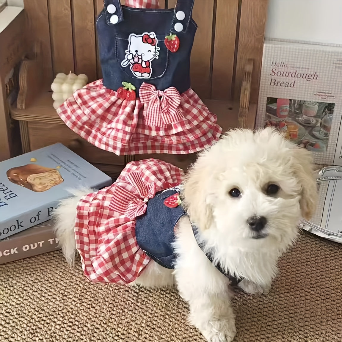 Hello Kitty Pet Dress Red White Plaid Pleated Skirt with 3D Bow & Strawberry – Sanrio Licensed Holiday Party Dress for Small Dogs Cats, XS-XL, Christmas Gift