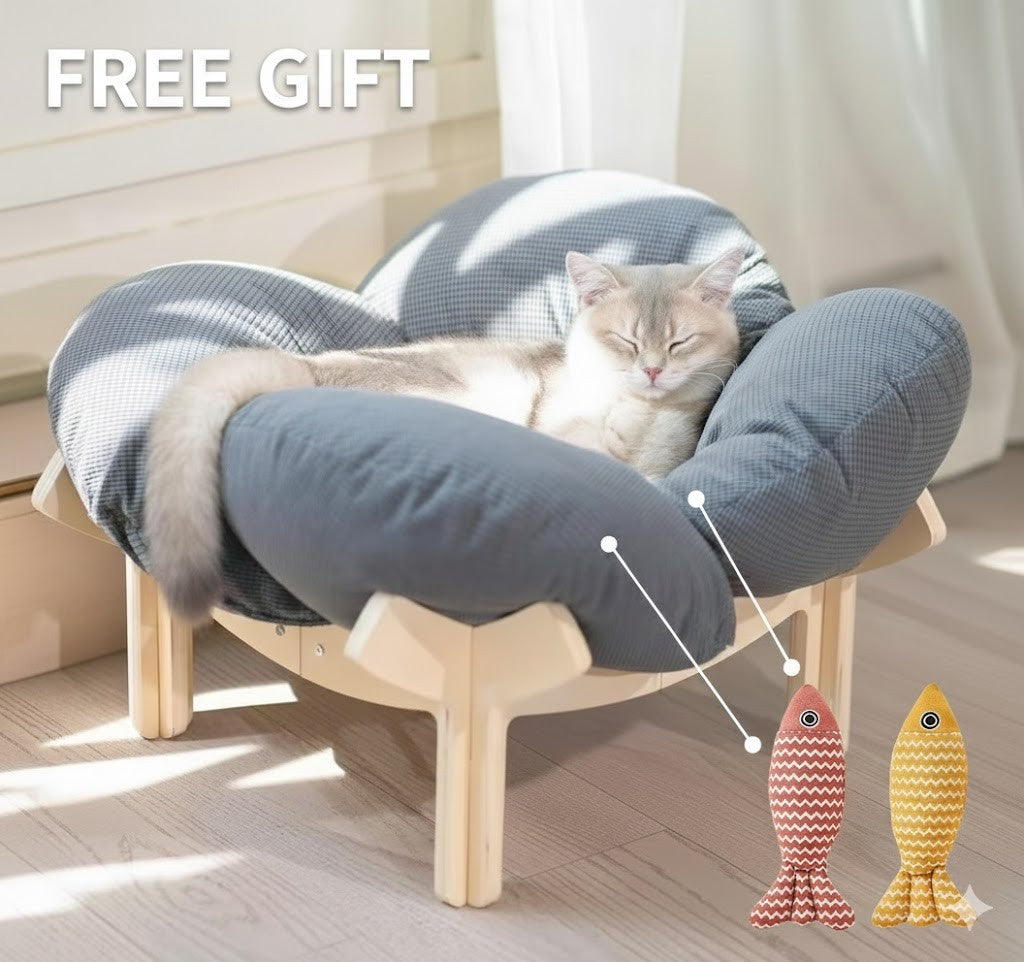 Elevated Wooden Cat Bed with Soft Cushion Raised Pet Lounge Chair Sofa – Modern Solid Wood Cat Hammock for Indoor Cats and Small Dogs with Linen Fish Toy
