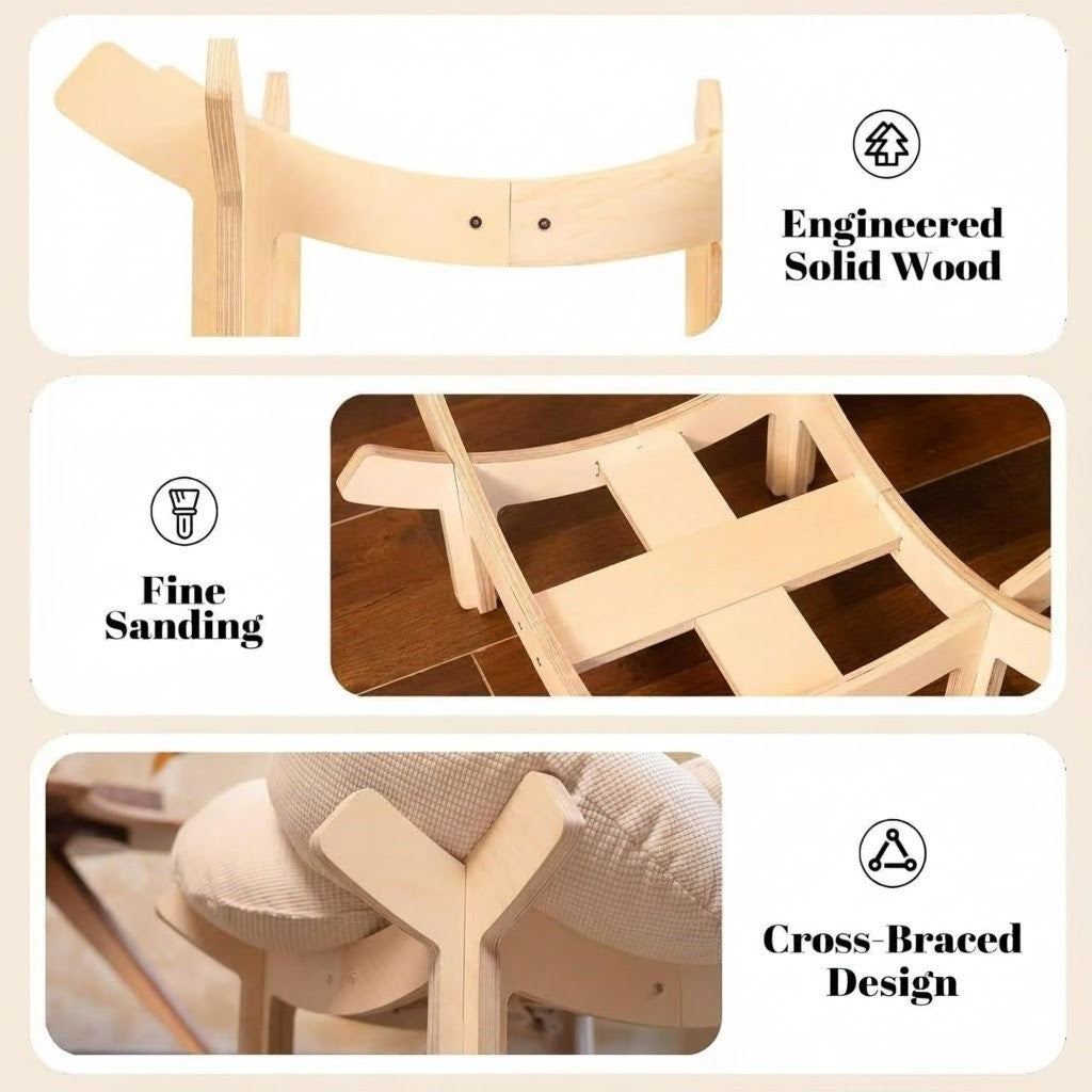 Elevated Wooden Cat Bed with Soft Cushion Raised Pet Lounge Chair Sofa – Modern Solid Wood Cat Hammock for Indoor Cats and Small Dogs with Linen Fish Toy