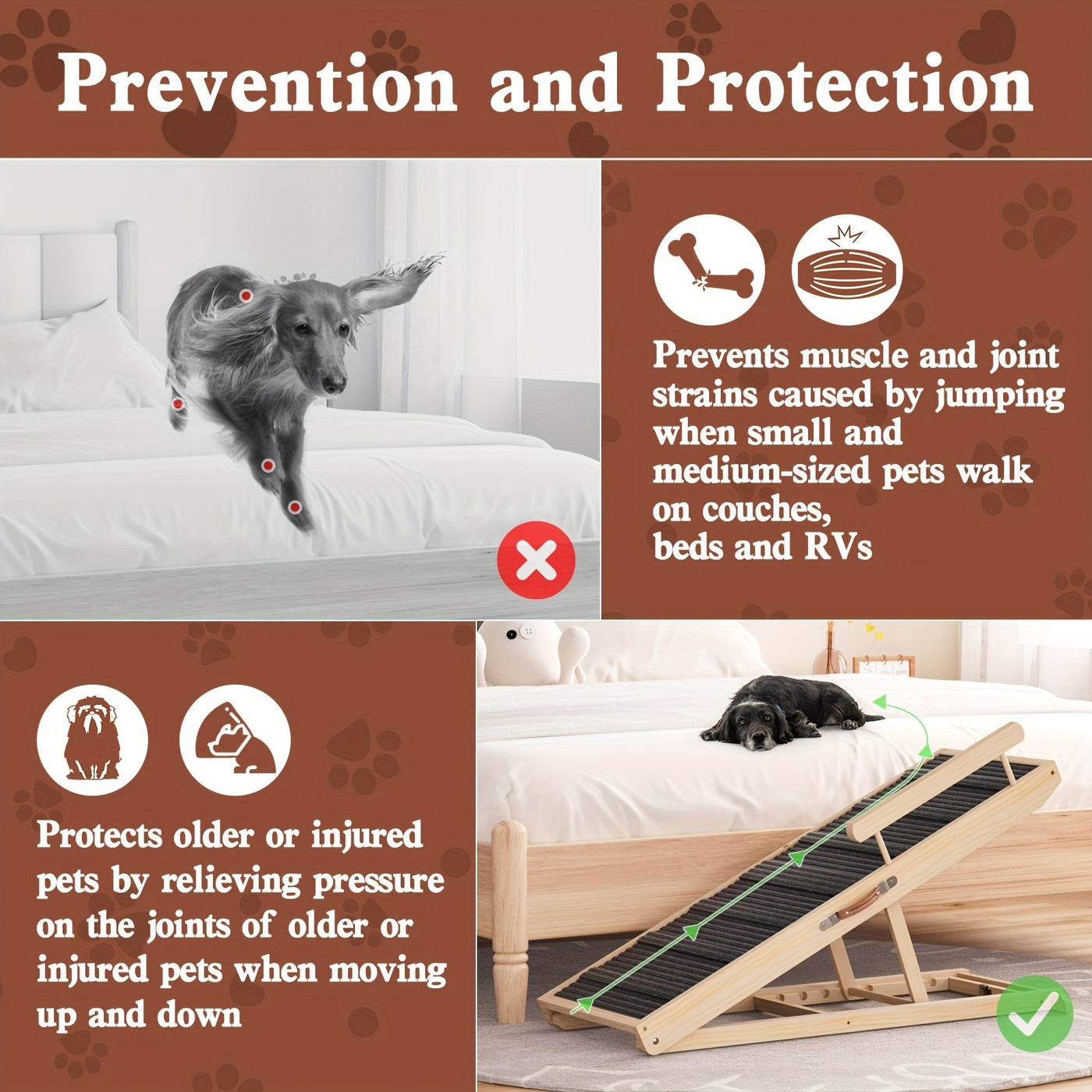 Wooden Dog Ramp for Bed & Couch – Foldable Adjustable Height Pet Ramp with Safety Guards, Holds 250 lbs, Dog Steps for Small Large Dogs & Seniors, Indoor Outdoor, 44 or 55 Inch