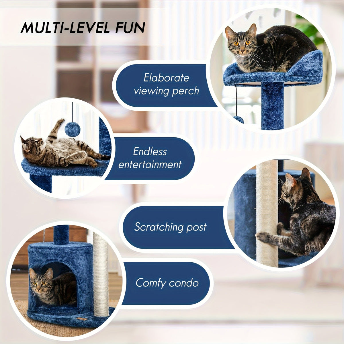 32-Inch Cat Tree with Condo, Sisal Scratching Post, Plush Perches & Pompom Toys for Indoor Cats - Denim Blue Multi-Level Cat Tower Activity Center