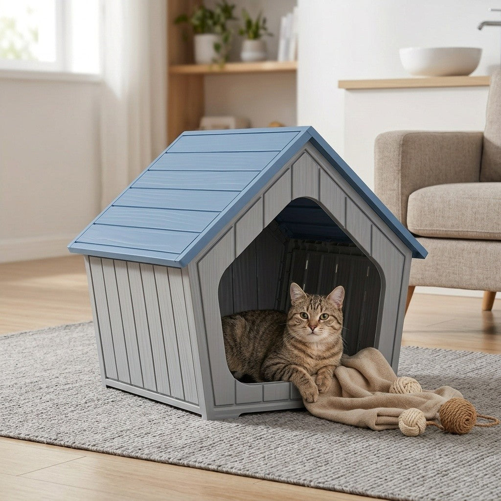 XL Resin Cat House Outdoor & Indoor with Raised Floor Resin Roof Easy Assembly - Weatherproof Cat Play Cage & Small Animal Enclosure 23.43" x 22.64" x 22.8"