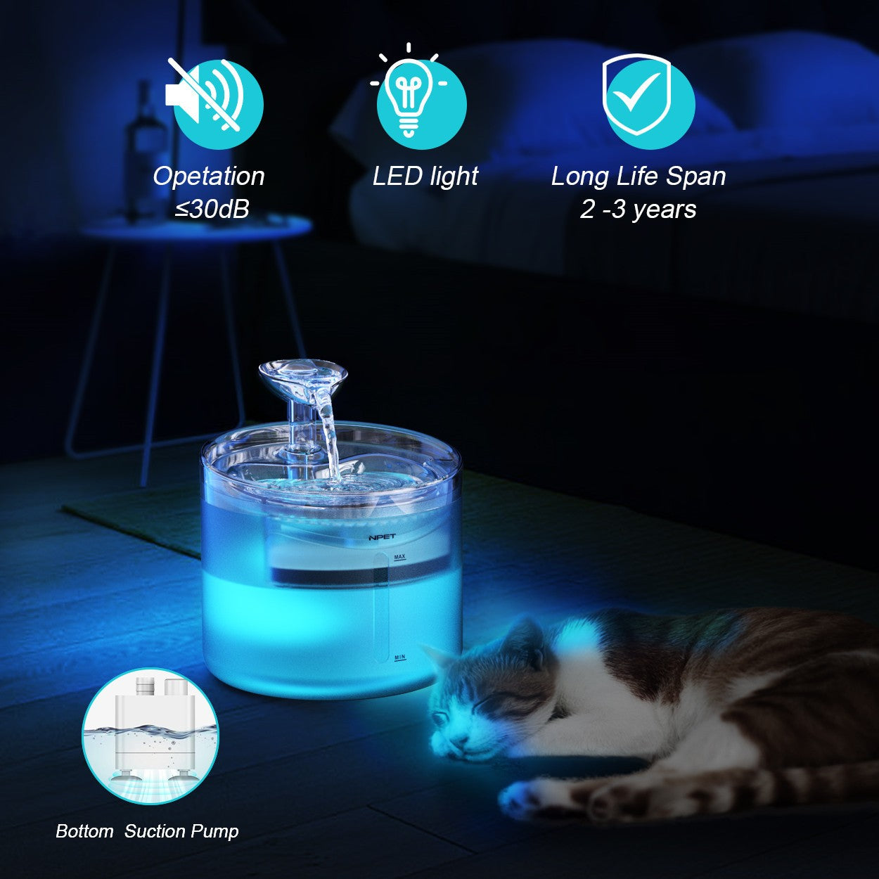 Cat Water Fountain 54oz Ultra Silent – LED Light USB Automatic Drinking Fountain with Triple Filter for Indoor Cats & Small Dogs