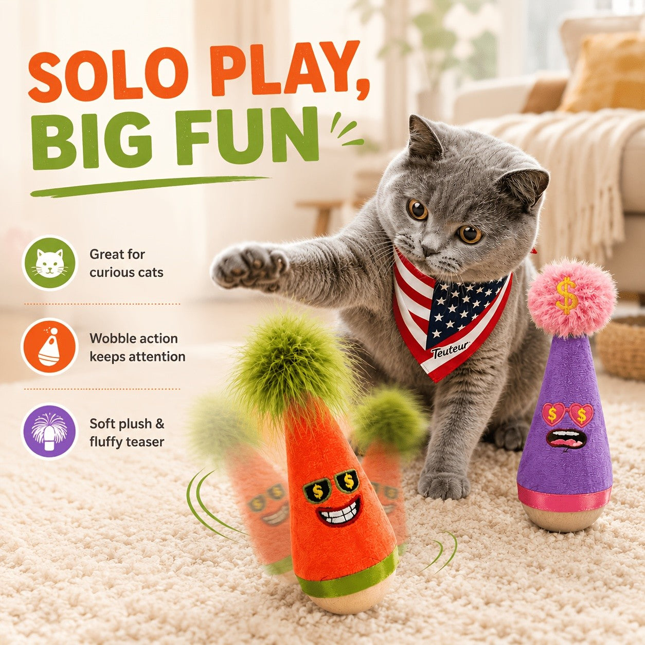 Catnip Wobble Feather Cat Toy with Mint Powder - Interactive Hunting Chase Toy for Kittens & Adult Cats Self-Play Indoor Exercise
