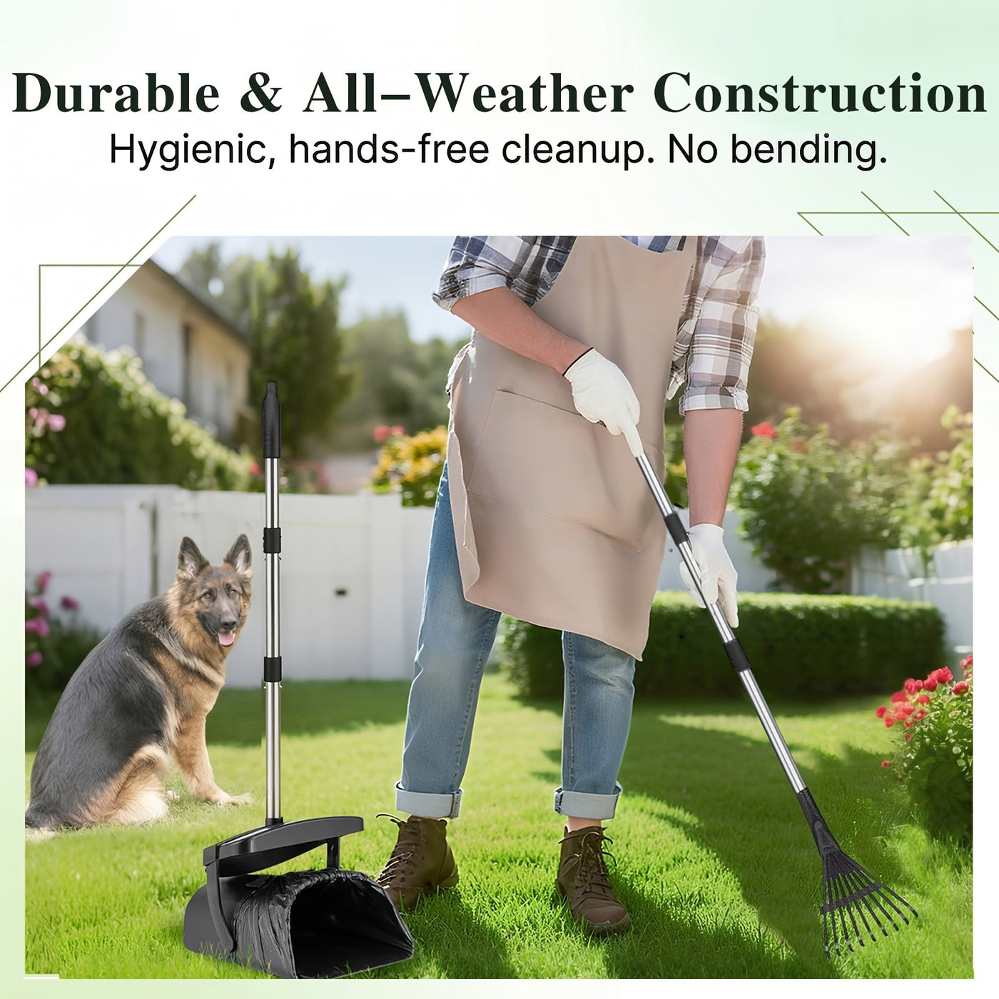 Dog Pooper Scooper Set Heavy Duty – Long Handle with Swivel Bin, Rake & Spade for Grass, Dirt & Gravel, Includes 40 Waste Bags, 2 or 3 Piece Set for Large Dogs