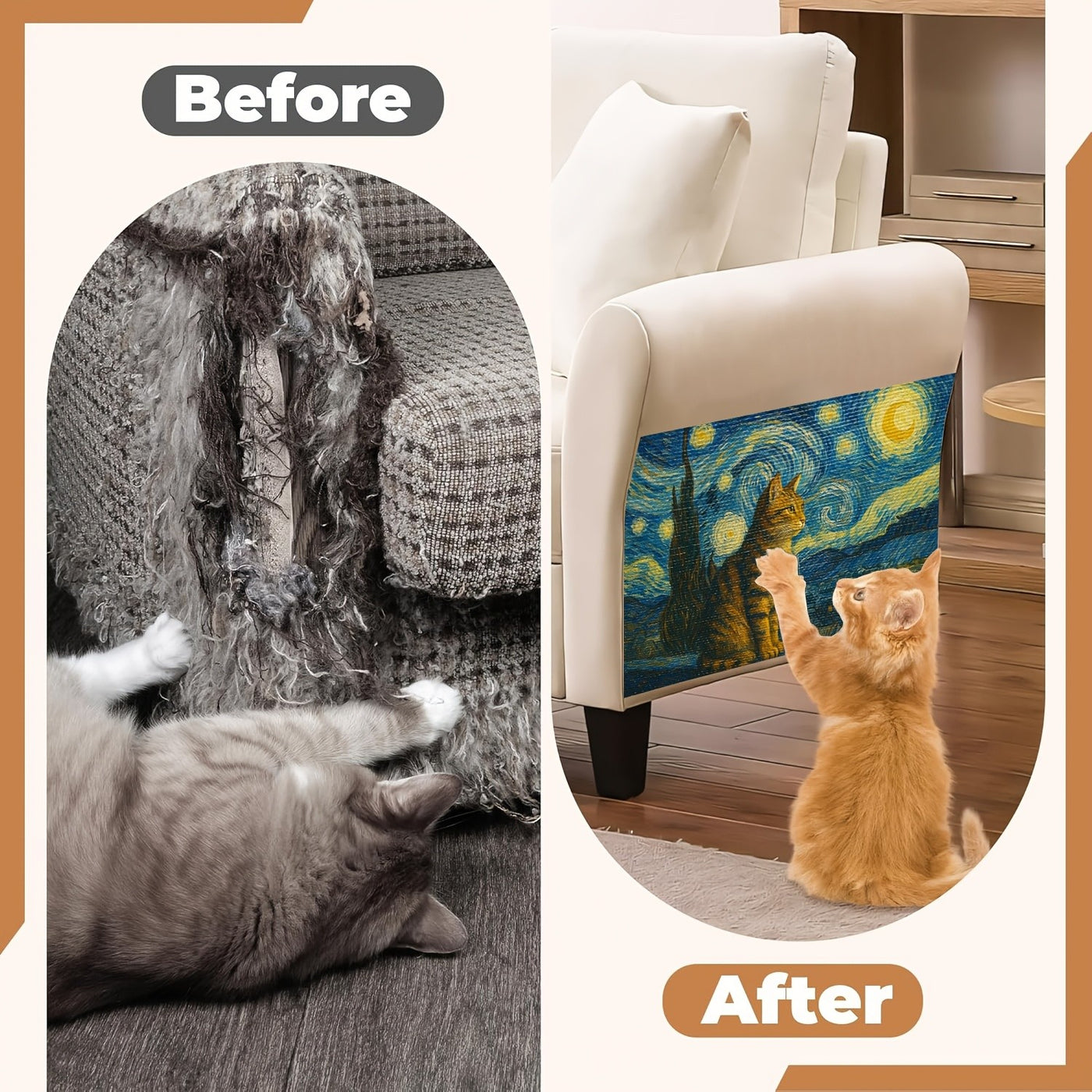 Self-Adhesive Cat Scratcher Wall Pad – Famous Artwork Designs, 15.7x23.6 Inch Sofa & Wall Protector, No-Drill Mount for Indoor Cats