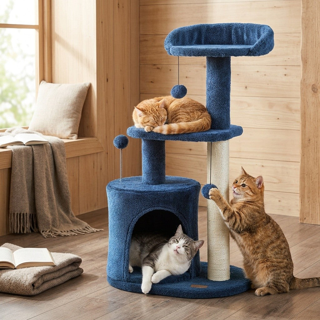 32-Inch Cat Tree with Condo, Sisal Scratching Post, Plush Perches & Pompom Toys for Indoor Cats - Denim Blue Multi-Level Cat Tower Activity Center