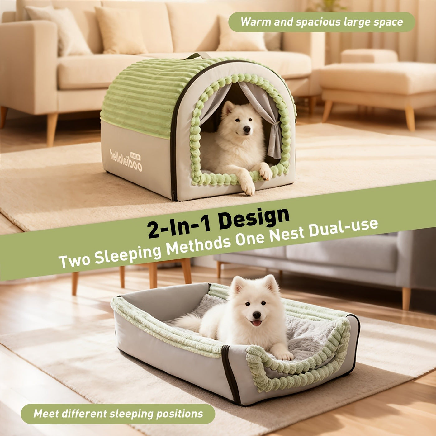 2-in-1 Foldable Indoor Dog House & Pet Tent Cave Bed - Soft Fluffy Washable Cushion Mat with Lid, All-Season Privacy Warm Bed for Small Medium Large Dogs Cats