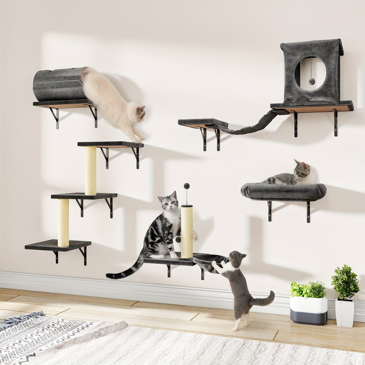 Wall Mounted Cat Climbing Shelf Set – 6 or 7 Piece Cat Wall Furniture with Scratching Post, Bridge, Ladder & Tunnel, Indoor Cat Condo for Cats of All Sizes