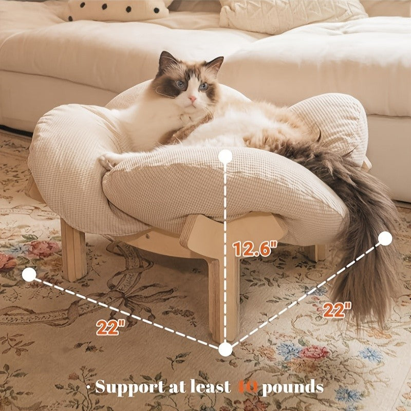 Elevated Wooden Cat Bed with Soft Cushion Raised Pet Lounge Chair Sofa – Modern Solid Wood Cat Hammock for Indoor Cats and Small Dogs with Linen Fish Toy