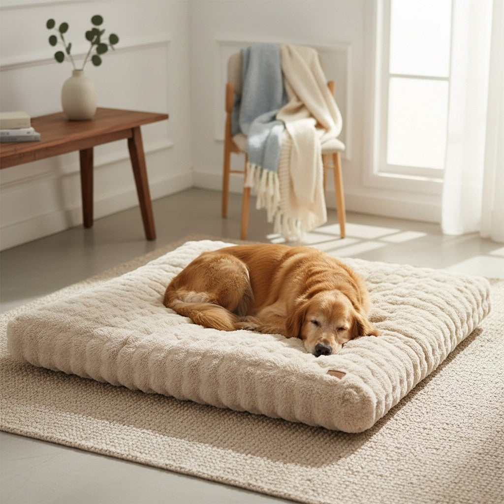 Orthopedic Dog Bed with Removable Cover – Thick Foam Base, Waffle Texture, Crate Mat for Dogs & Cats, Multiple Sizes Medium to 3XL, Grey & Khaki Beige