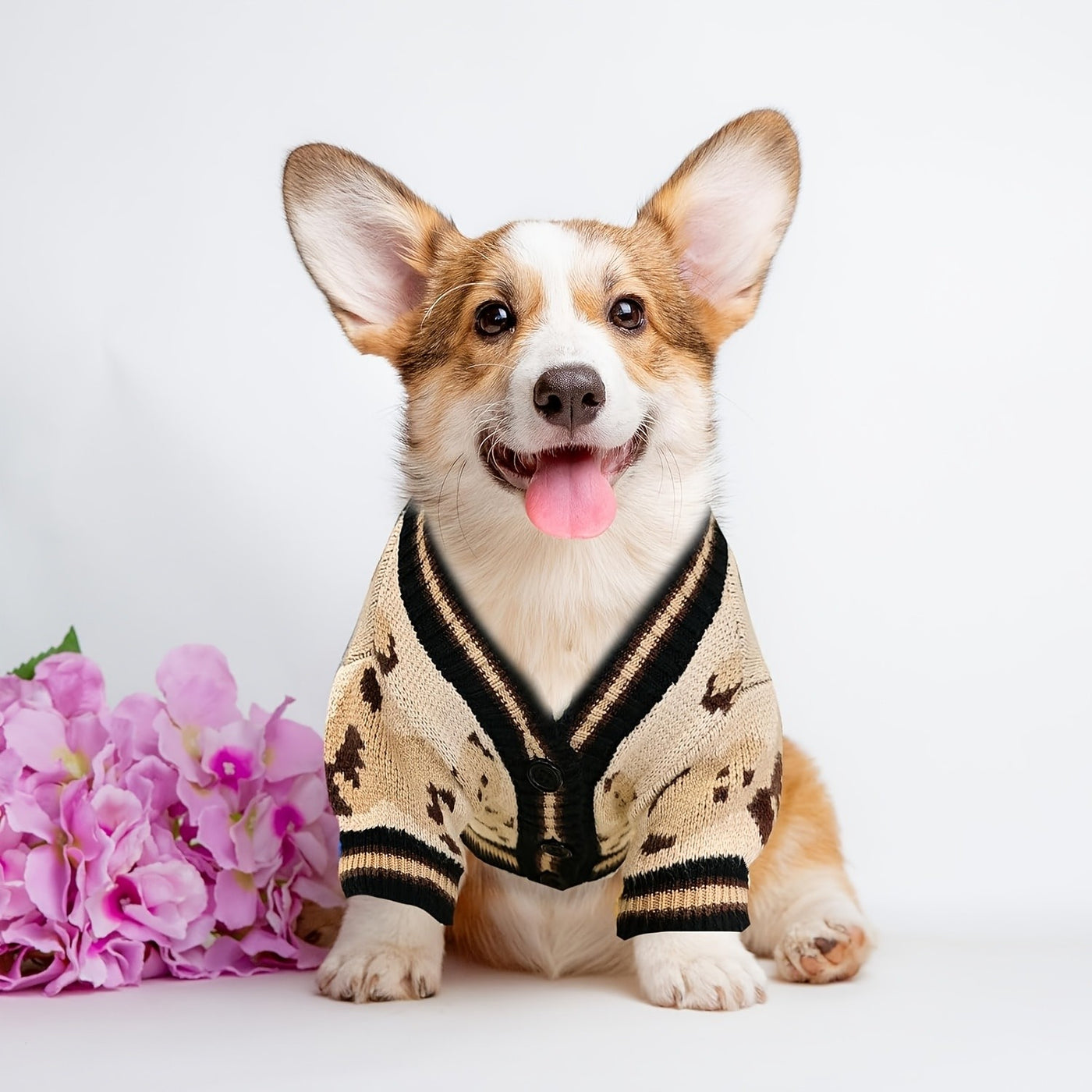Dog Cardigan Sweater Bear Print with Button Closure – Warm Knitted Fleece-Lined Puppy Shirt, Adjustable Collar, Elastic & Embroidered, Small Breeds Bichon Teddy Schnauzer, Spring Summer