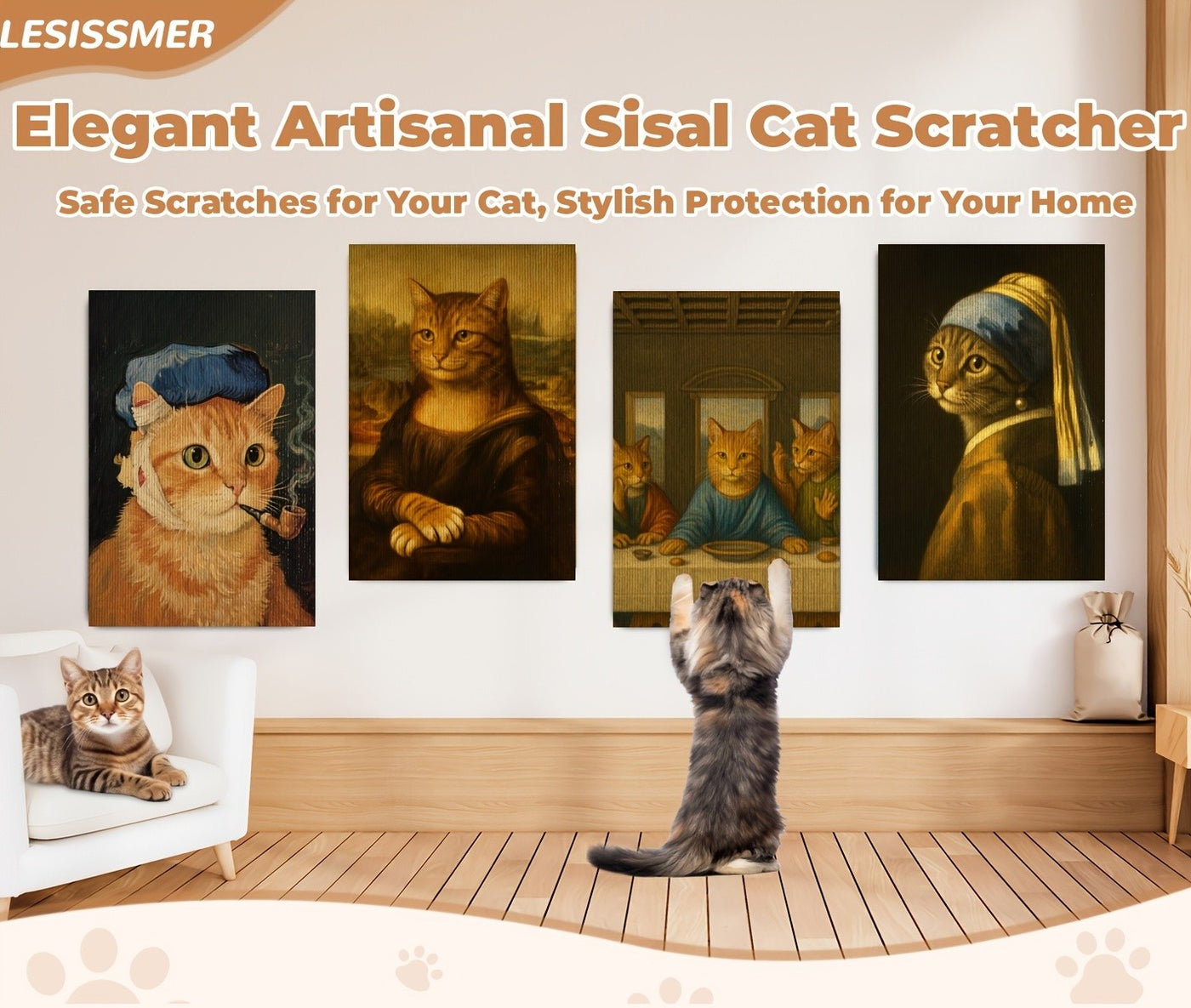 Self-Adhesive Cat Scratcher Wall Pad – Famous Artwork Designs, 15.7x23.6 Inch Sofa & Wall Protector, No-Drill Mount for Indoor Cats