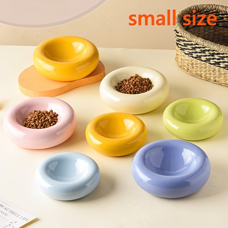 Donut Shaped Ceramic Cat Bowl Wide Opening – Anti-Tip Minimalist Pet Food & Water Dish with Stable Base, 4.92 Inch, 8 Colors