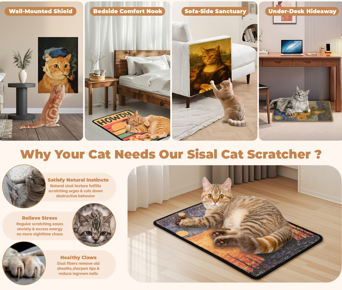 Self-Adhesive Cat Scratcher Wall Pad – Famous Artwork Designs, 15.7x23.6 Inch Sofa & Wall Protector, No-Drill Mount for Indoor Cats