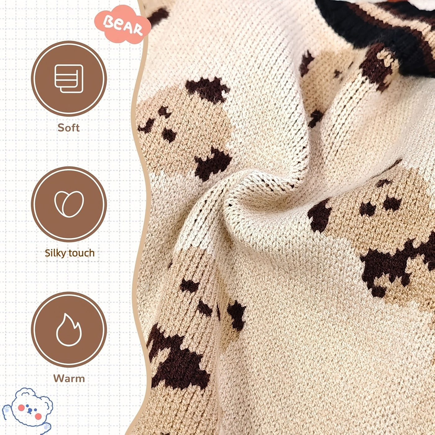 Dog Cardigan Sweater Bear Print with Button Closure – Warm Knitted Fleece-Lined Puppy Shirt, Adjustable Collar, Elastic & Embroidered, Small Breeds Bichon Teddy Schnauzer, Spring Summer