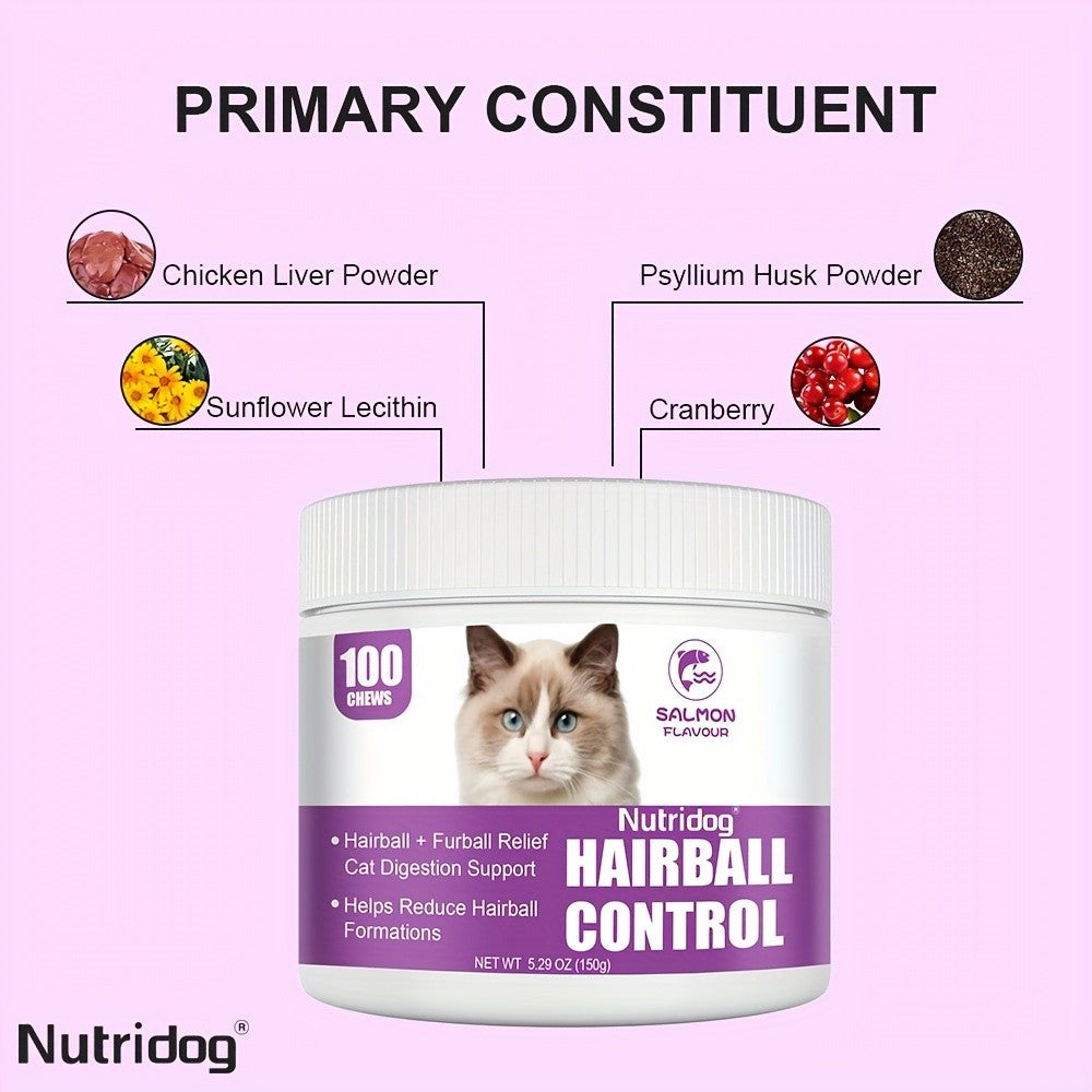 Cat Hairball Control Soft Chews 100ct – Digestive Support Supplement for Cats, Salmon Flavor, Herbal Formula