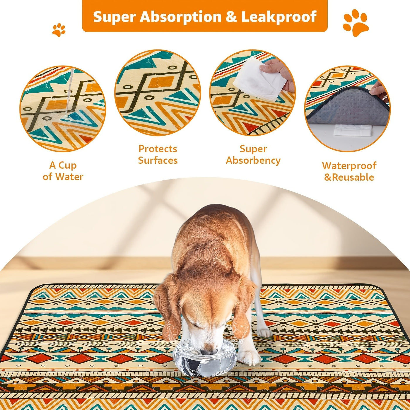 2-Pack Washable Dog Pee Pads Super Absorbent Reusable Puppy Training Pads Leakproof Non-Slip Whelping Pads with Retro Tribal Design – Sizes 18x24 to 36x41 Inch