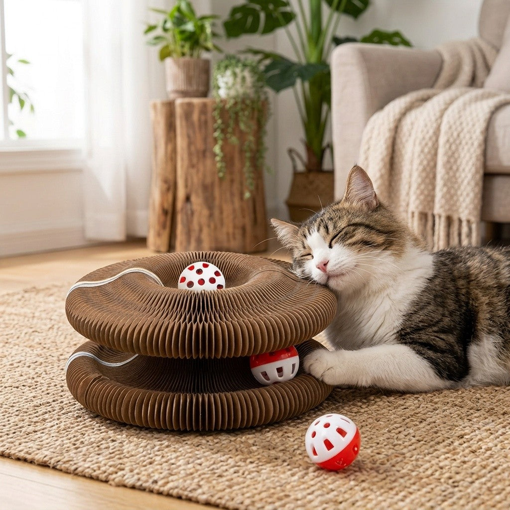 Magic Organ Cat Scratching Board with Ball Track & Bells – Foldable Cardboard Interactive Cat Scratcher Toy, 1 or 2 Pack