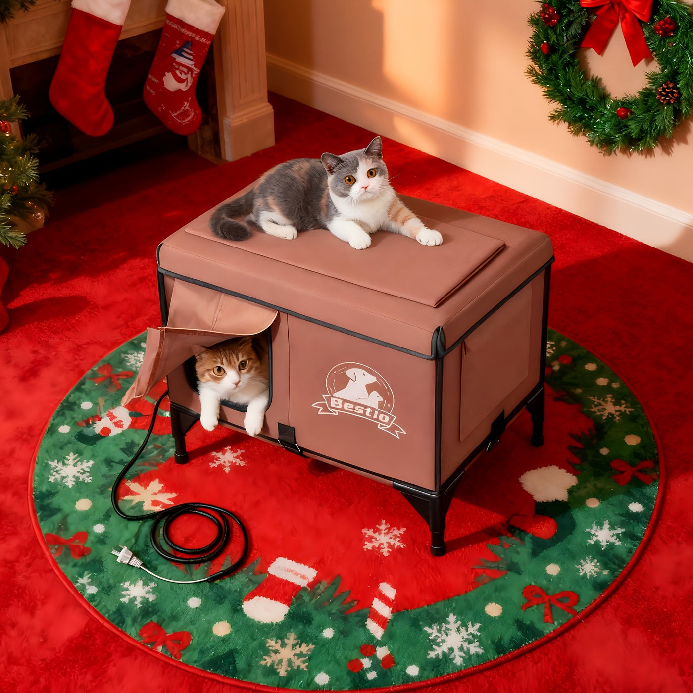 Heated Cat House Outdoor Indoor 3-in-1 with Removable Warming Pad - Elevated Cat Shelter, Chew-Resistant Cord, All-Season Cat Cave for Cats Kittens Small Dogs, Small & Large Sizes