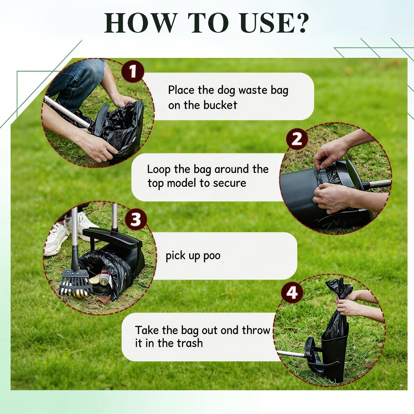 Dog Pooper Scooper Set Heavy Duty – Long Handle with Swivel Bin, Rake & Spade for Grass, Dirt & Gravel, Includes 40 Waste Bags, 2 or 3 Piece Set for Large Dogs