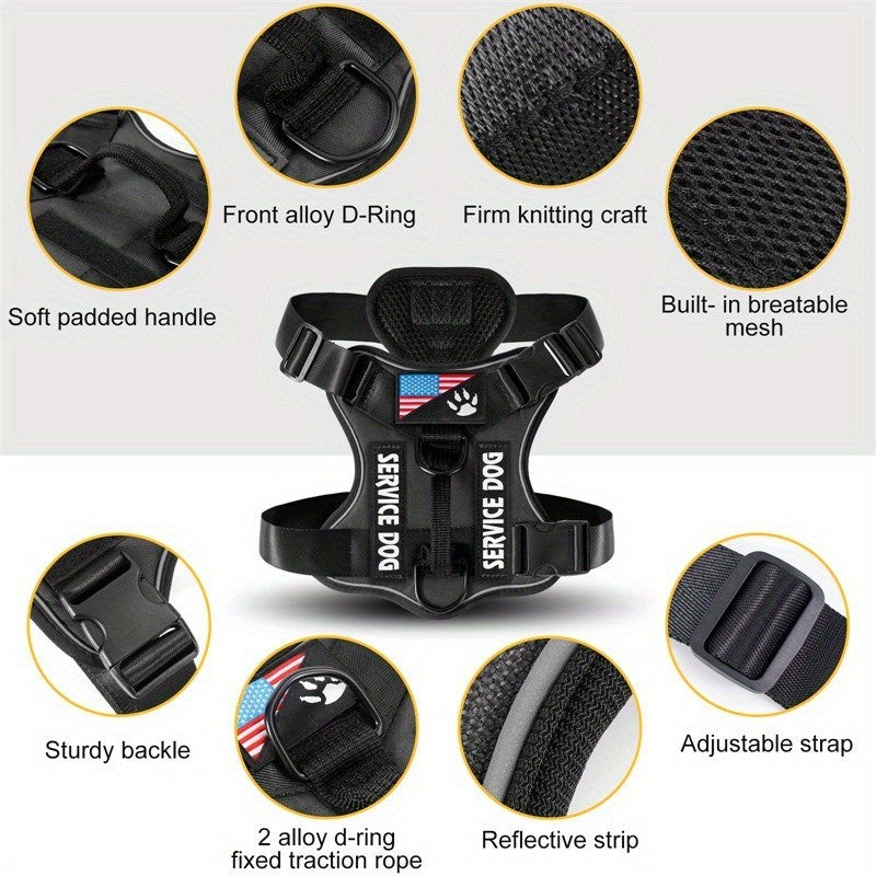 Reflective Dog Harness Set with 5 Interchangeable Patches - Adjustable Oxford Vest, Mesh Inner Layer, Front & Back Clip, Anti-Pull, XS to XL, 10 Color Options