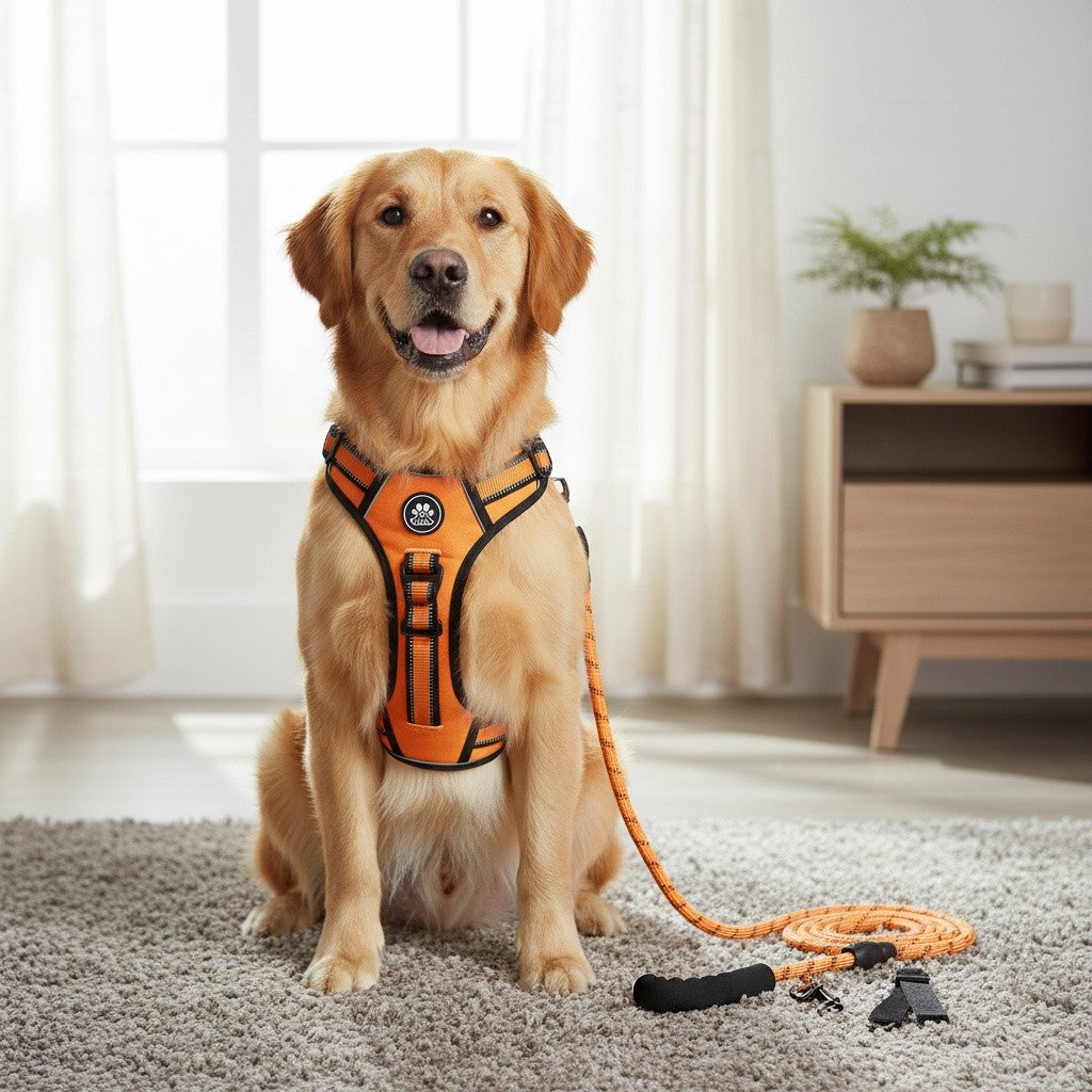 Complete Dog Walking Set – No-Pull Harness + Collar + Leash + Retractable Seatbelt + Storage Strap, Fully Reflective Breathable Vest with Handle for Small & Large Dogs, Sizes XS-XL