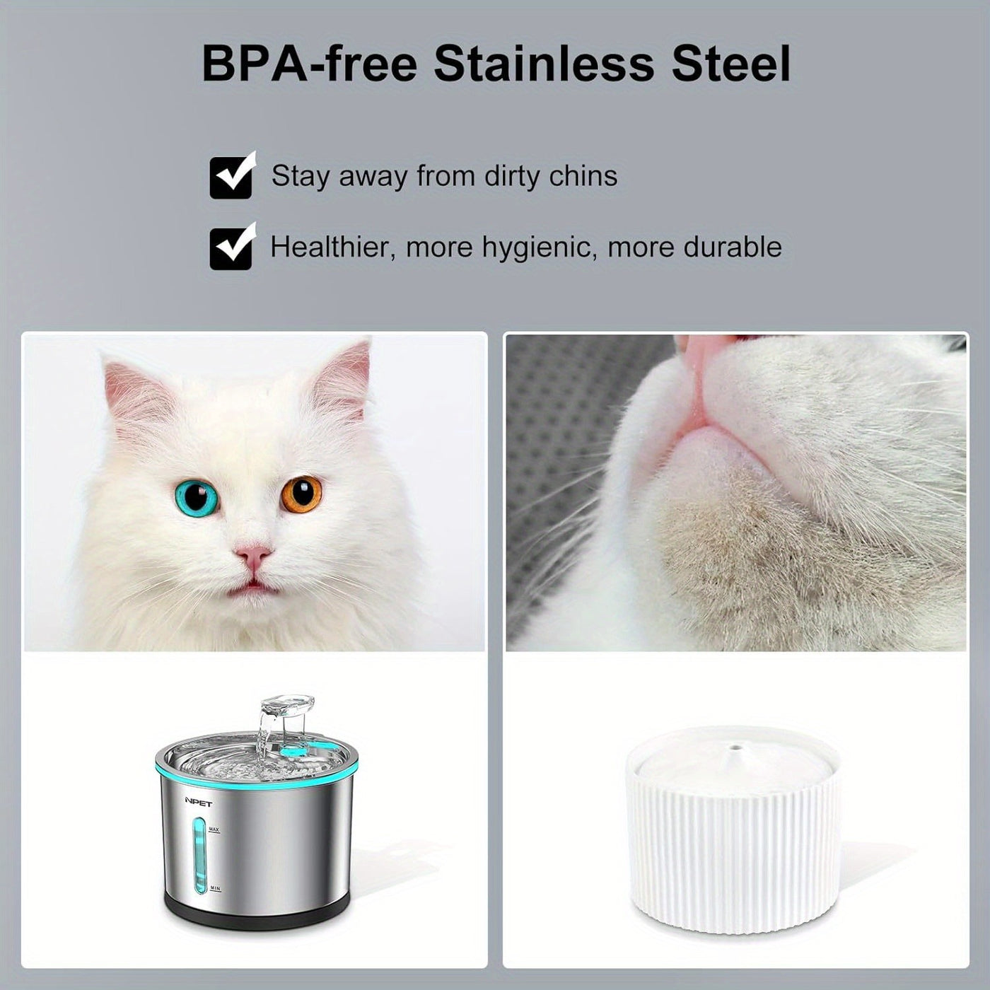 Stainless Steel Cat Water Fountain 50oz/1.5L with Filter - Ultra Quiet Auto Pet Water Dispenser, Dishwasher Safe, LED Visible Window for Cats & Dogs Indoor