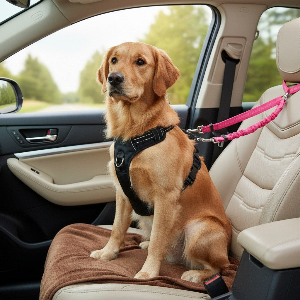 Dual Dog Car Seat Belt for 2 Dogs – No-Tangle Headrest Restraint with Adjustable Bungee, Safe Pet Car Safety Harness for Small Medium Large Dogs, Black Pink Red