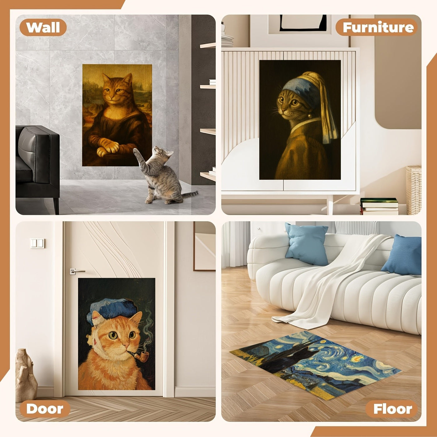 Self-Adhesive Cat Scratcher Wall Pad – Famous Artwork Designs, 15.7x23.6 Inch Sofa & Wall Protector, No-Drill Mount for Indoor Cats