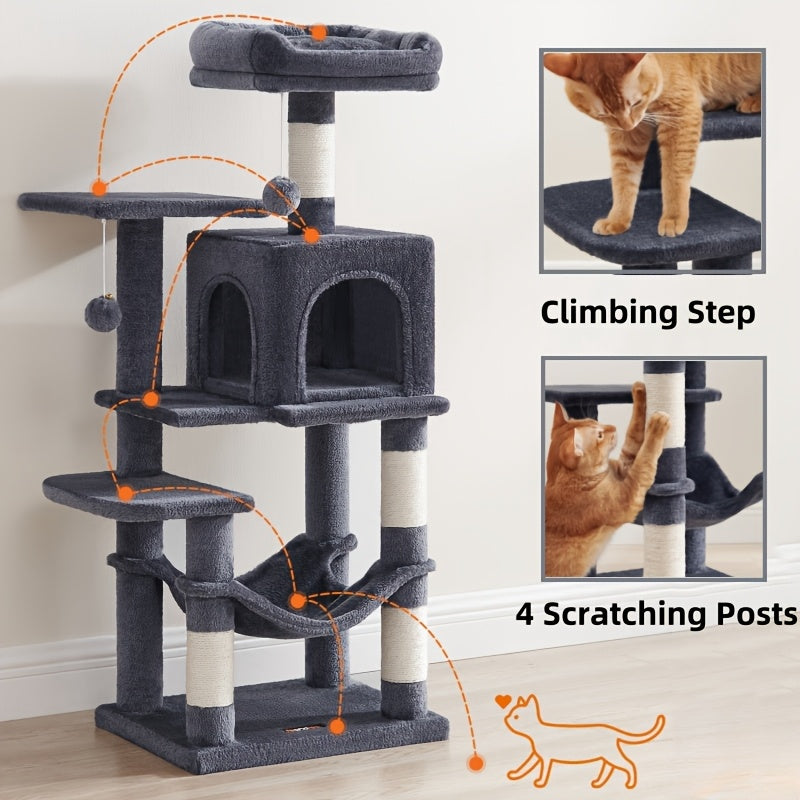 Multi-Level Cat Tree Tower with Cave & Plush Hammock - 44/66/79in Tall Cat Condo, 4 Sisal Scratching Posts, 2 Perches, Anti-Tilt, Pompom Toys for Multi-Cat Families, 5 Colors