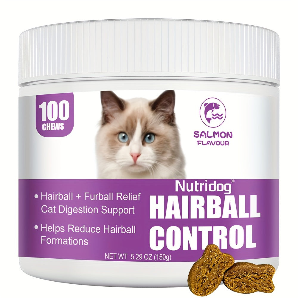 Cat Hairball Control Soft Chews 100ct – Digestive Support Supplement for Cats, Salmon Flavor, Herbal Formula