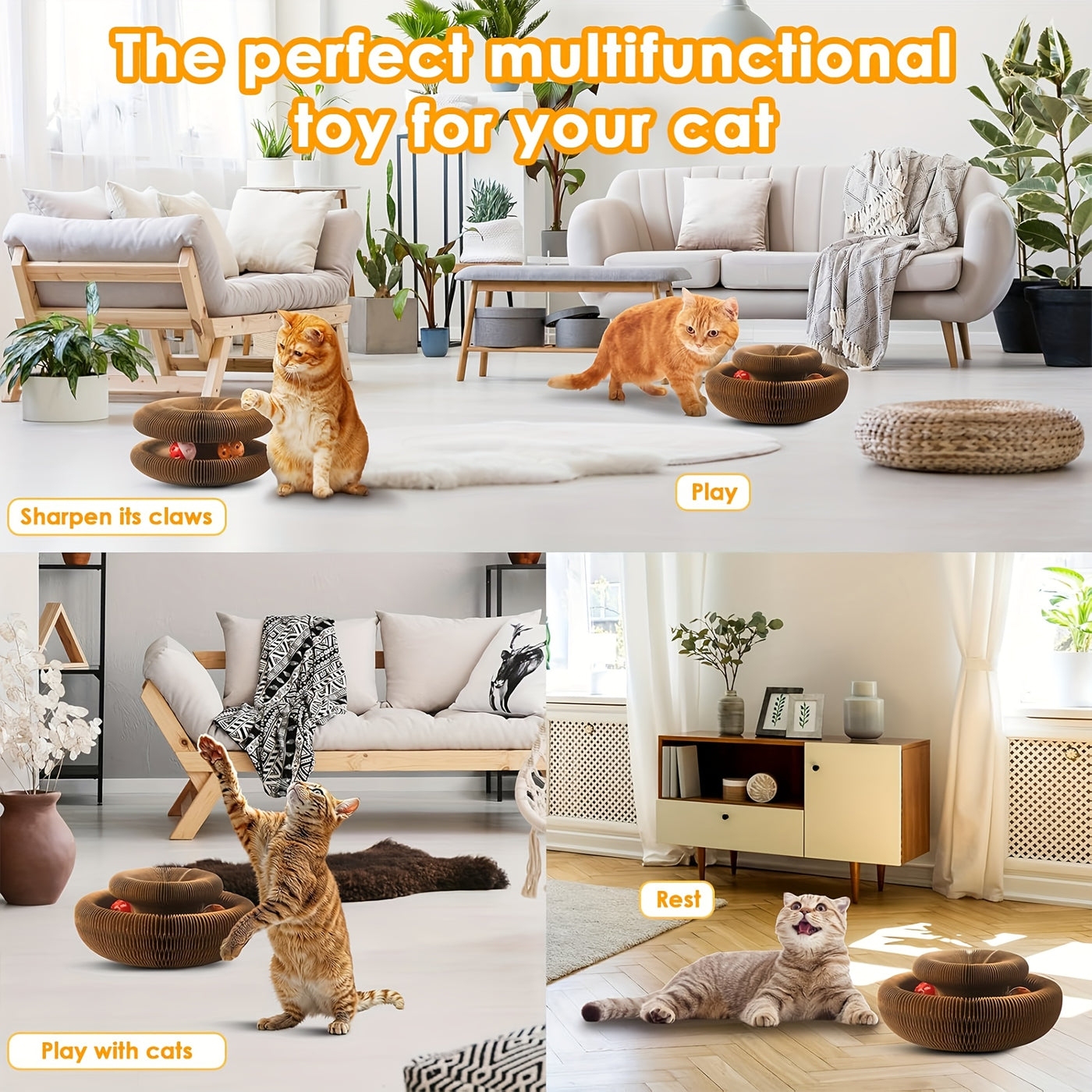 Magic Organ Cat Scratching Board with Ball Track & Bells – Foldable Cardboard Interactive Cat Scratcher Toy, 1 or 2 Pack