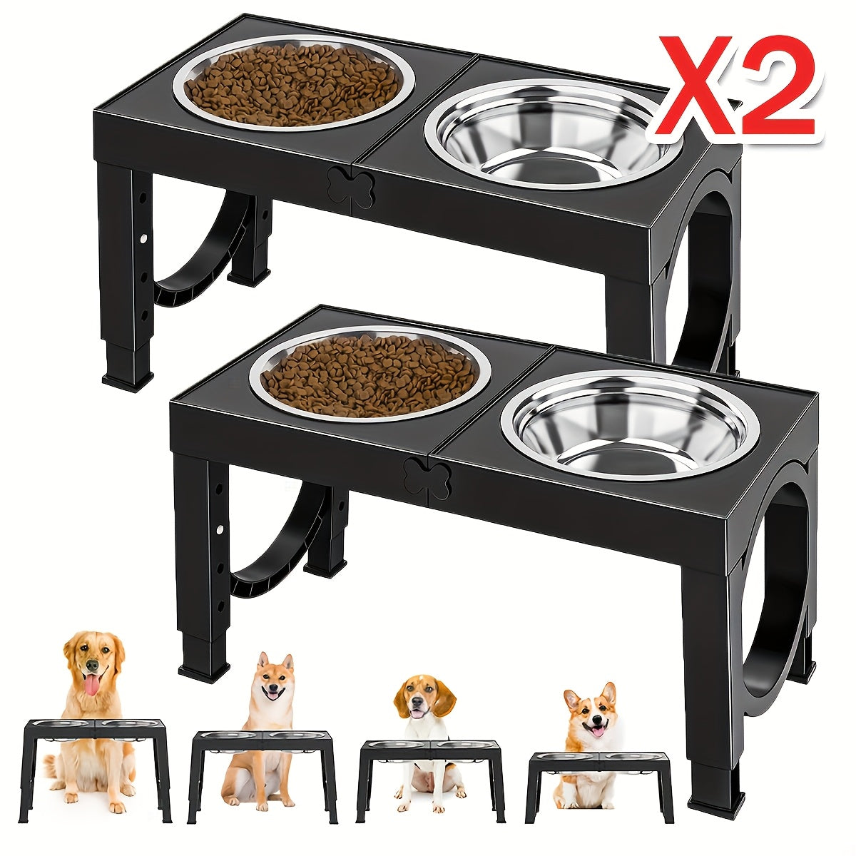 Elevated Dog Bowl Stand Foldable 5-Height Adjustable with 2 Stainless Steel Bowls - Raised Feeder for Small Medium Large Dogs & Cats Non-Slip