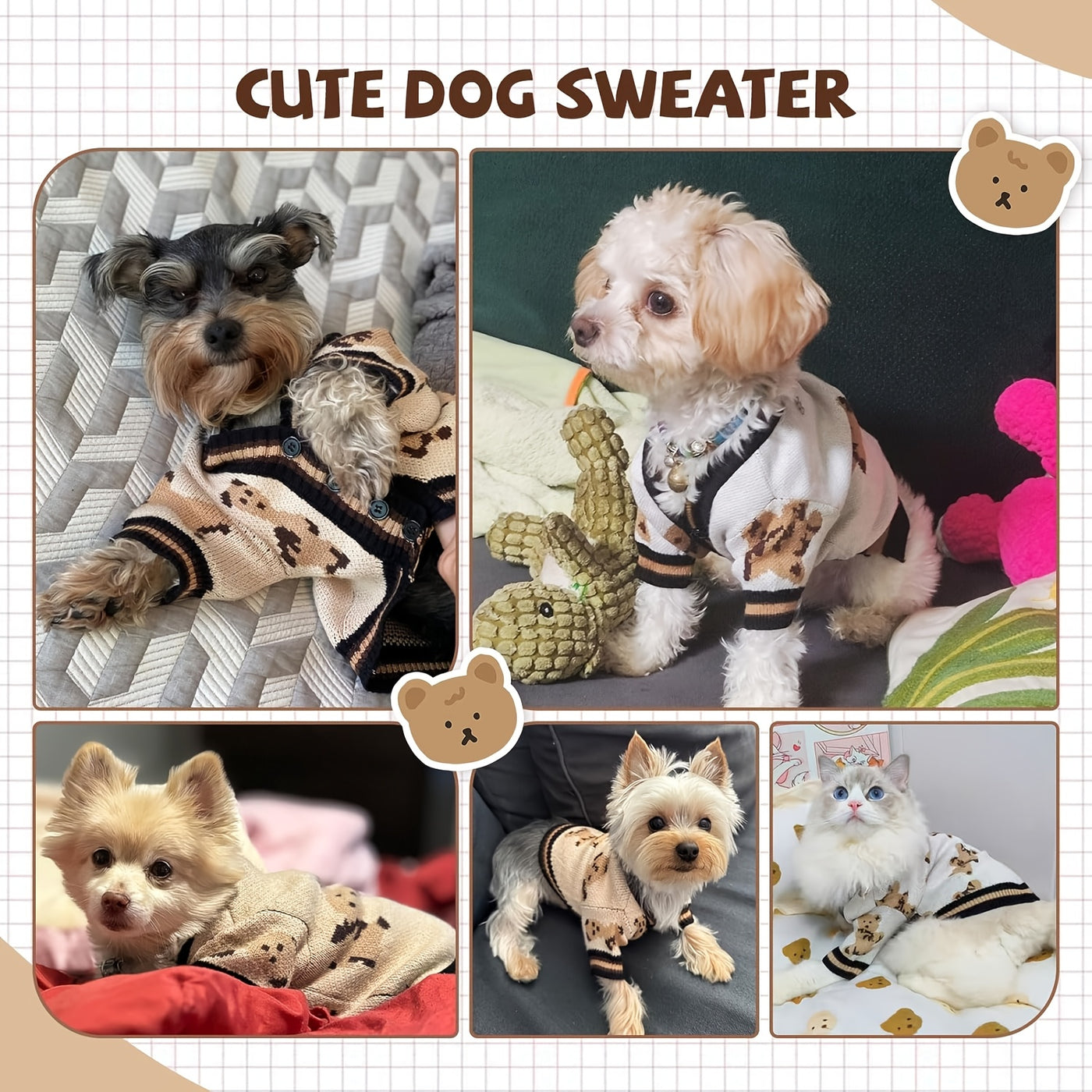 Dog Cardigan Sweater Bear Print with Button Closure – Warm Knitted Fleece-Lined Puppy Shirt, Adjustable Collar, Elastic & Embroidered, Small Breeds Bichon Teddy Schnauzer, Spring Summer