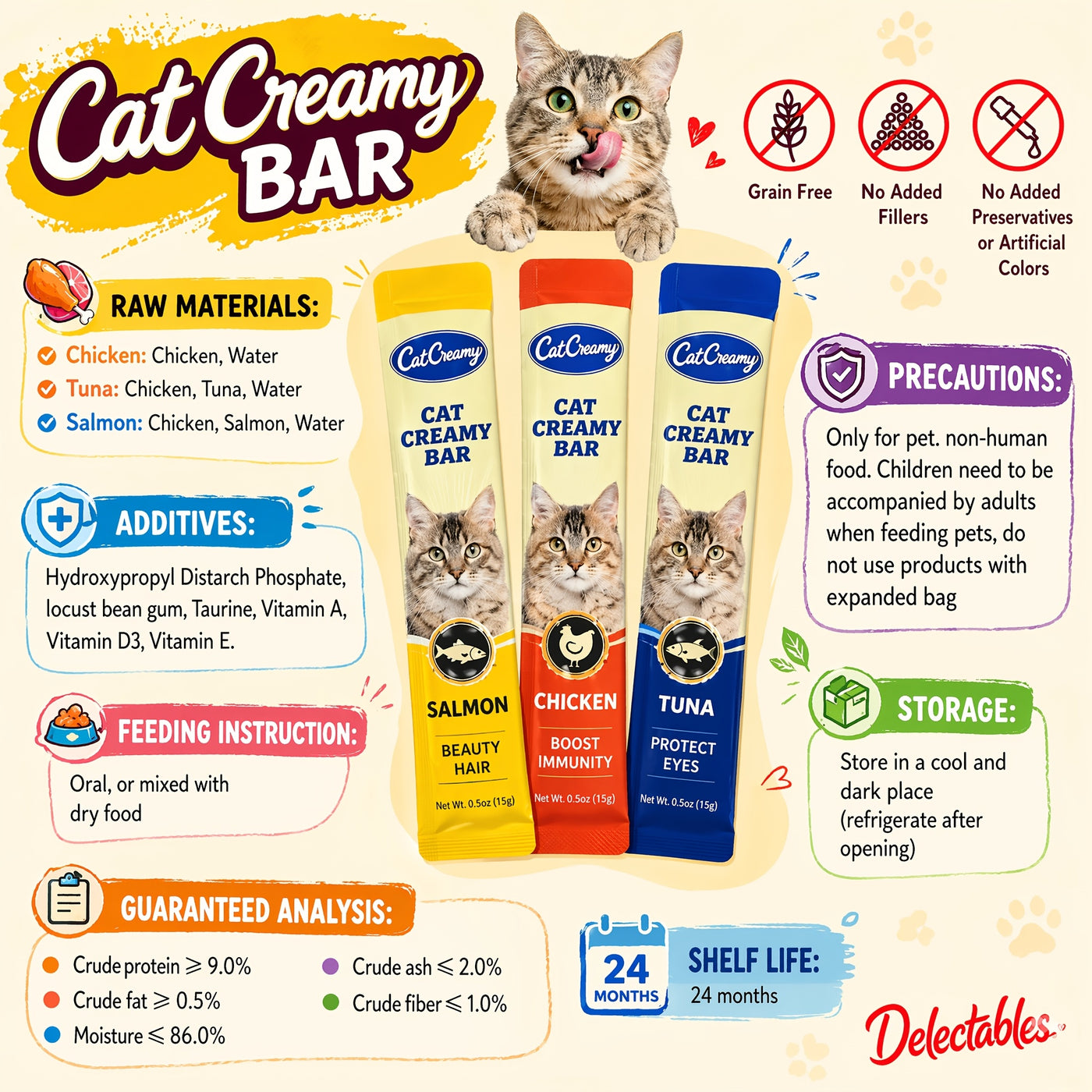 Squeezable Wet Cat Food Strips 50pcs Variety Pack Chicken Tuna Salmon Mixed Flavors Soft Lickable Cat Treats Hydration Snack