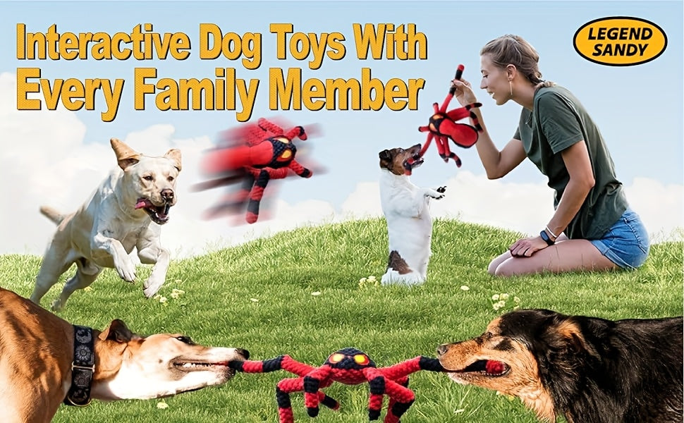 Squeaky Spider Dog Toy – Large Interactive Crinkle Tug of War Toy to Keep Dogs Busy, No Battery Needed, Funny Plush Dog Toy for Puppies & Large Breeds, Red & Blue