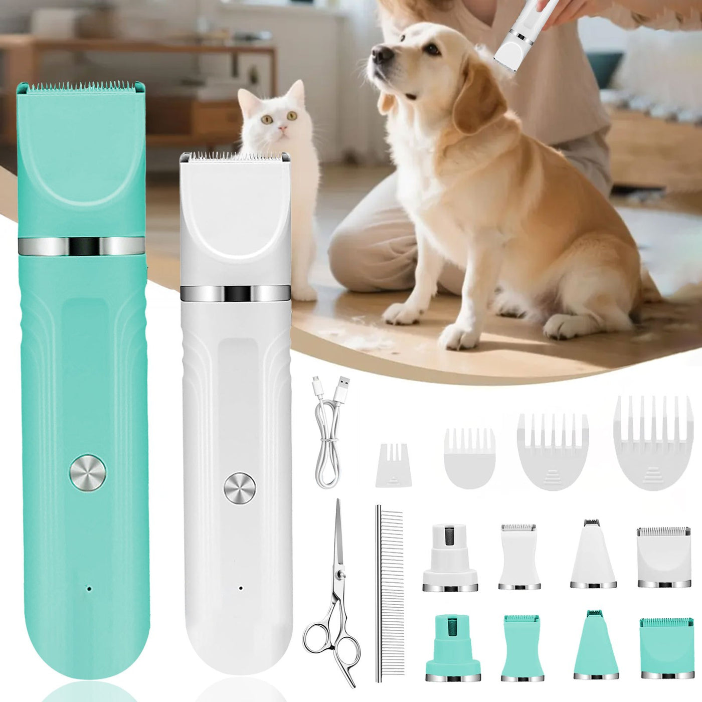 6-in-1 Pet Grooming Kit USB Rechargeable Cordless Clippers – 4 Interchangeable Blade Heads, Nail Clipper, Steel Comb & Scissors for Dogs Cats & Small Animals, White & Blue