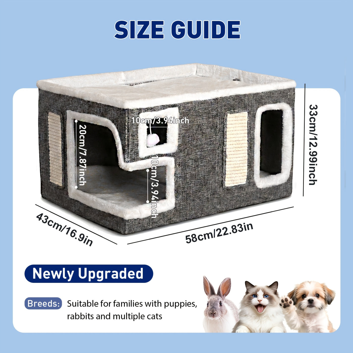 Indoor Cat House Condo 3-in-1 – Cat Bed Sleep Play & Scratch Box, Luxury Wooden Cube Ottoman Cat Cave Hideaway for Large Cats, Multi-Cat Friendly, Light Gray (Regular & Large)