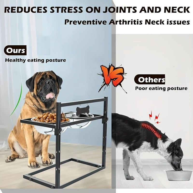 Adjustable Elevated Dog Bowl Stand with 2 Stainless Steel Bowls - Raised Feeder for Large & Medium Dogs, Height Adjustable Metal Dog Food Water Bowl Set