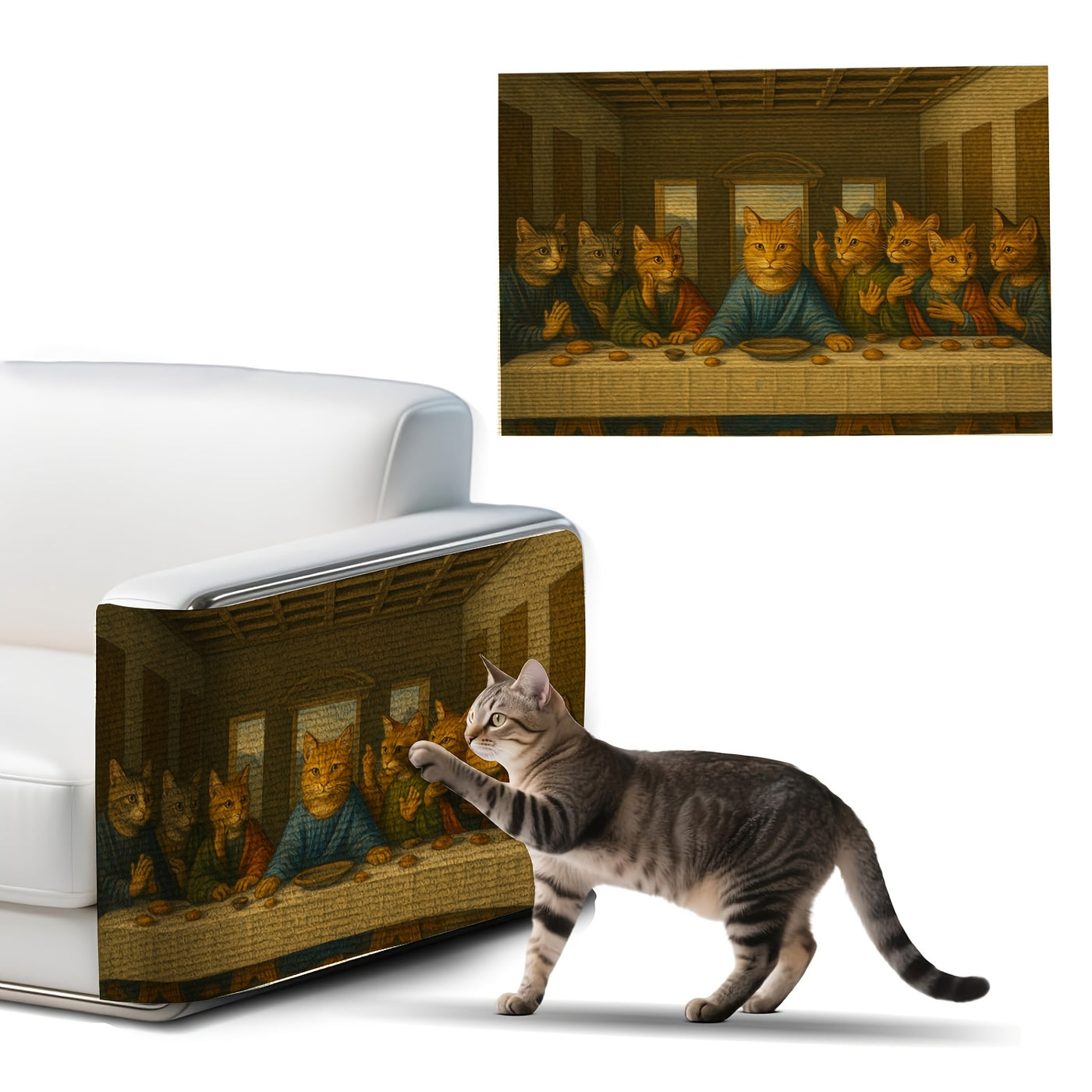 Self-Adhesive Cat Scratcher Wall Pad – Famous Artwork Designs, 15.7x23.6 Inch Sofa & Wall Protector, No-Drill Mount for Indoor Cats
