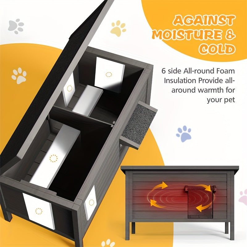 Outdoor Cat House Insulated Waterproof – 6-Side Foam Insulated Solid Wood Feral Cat Shelter with Feeding Station, Fits 2-3 Cats, 34.4"L×21.7"W×27.2"H
