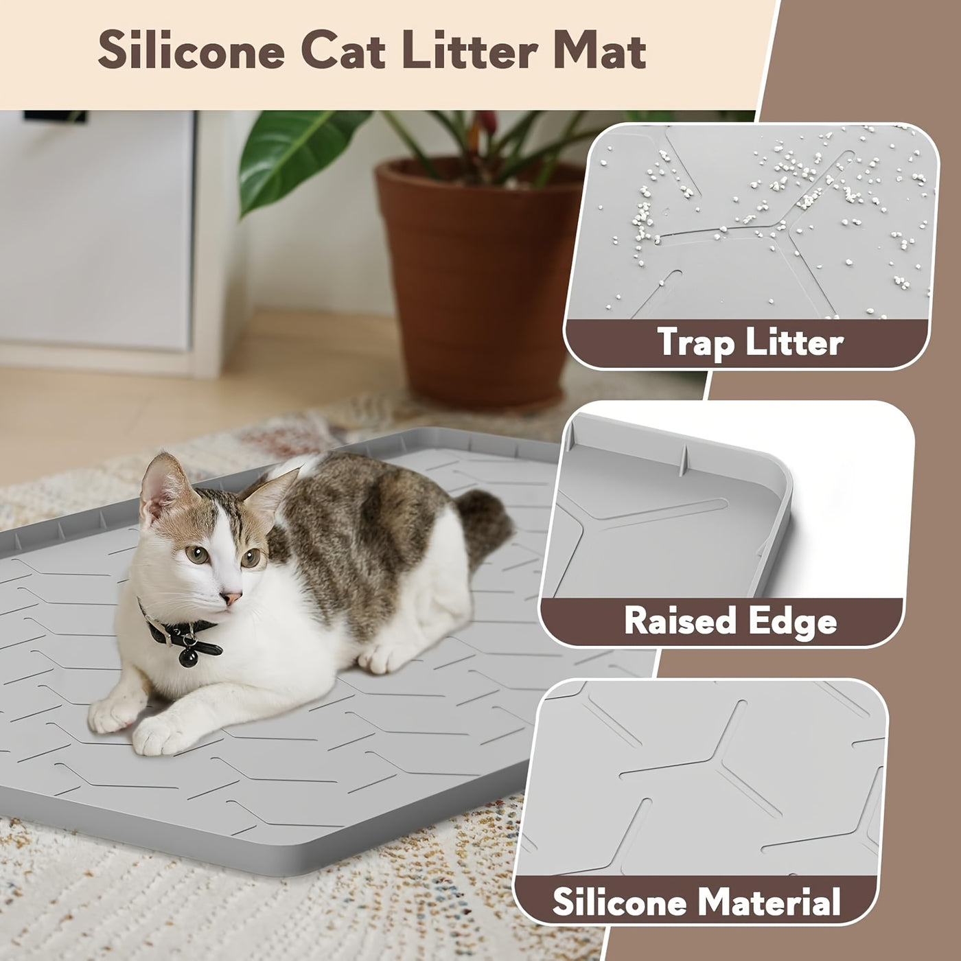 Silicone Cat Litter Trapping Mat Large 34" x 22" Waterproof Easy Clean Litter Box Mat for Indoor Cats