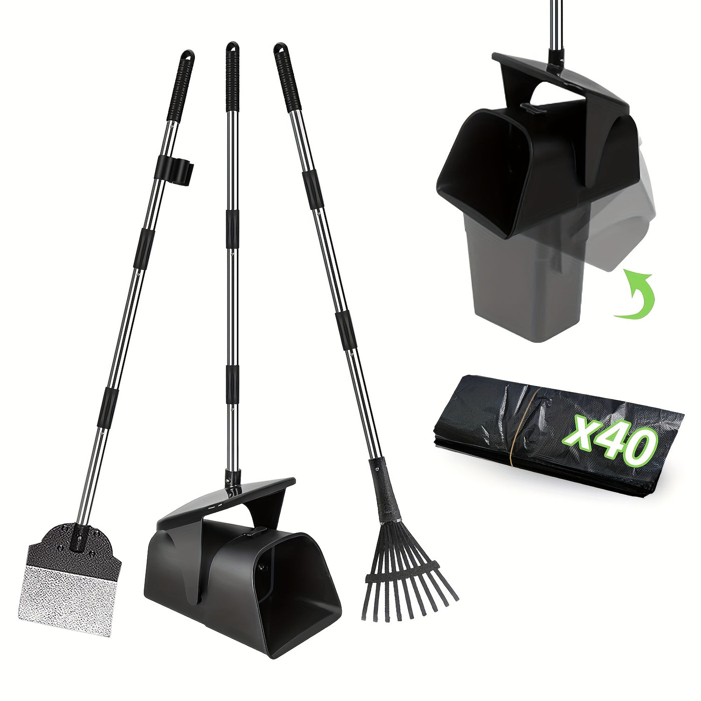 Dog Pooper Scooper Set Heavy Duty – Long Handle with Swivel Bin, Rake & Spade for Grass, Dirt & Gravel, Includes 40 Waste Bags, 2 or 3 Piece Set for Large Dogs
