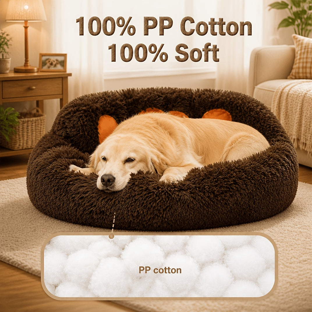 Calming Donut Dog Bed – Bear Paw Shaped Round Plush Pet Bed, Warm Soft Cushion for Dogs and Cats, Multiple Sizes with Bonus Pet Scarf