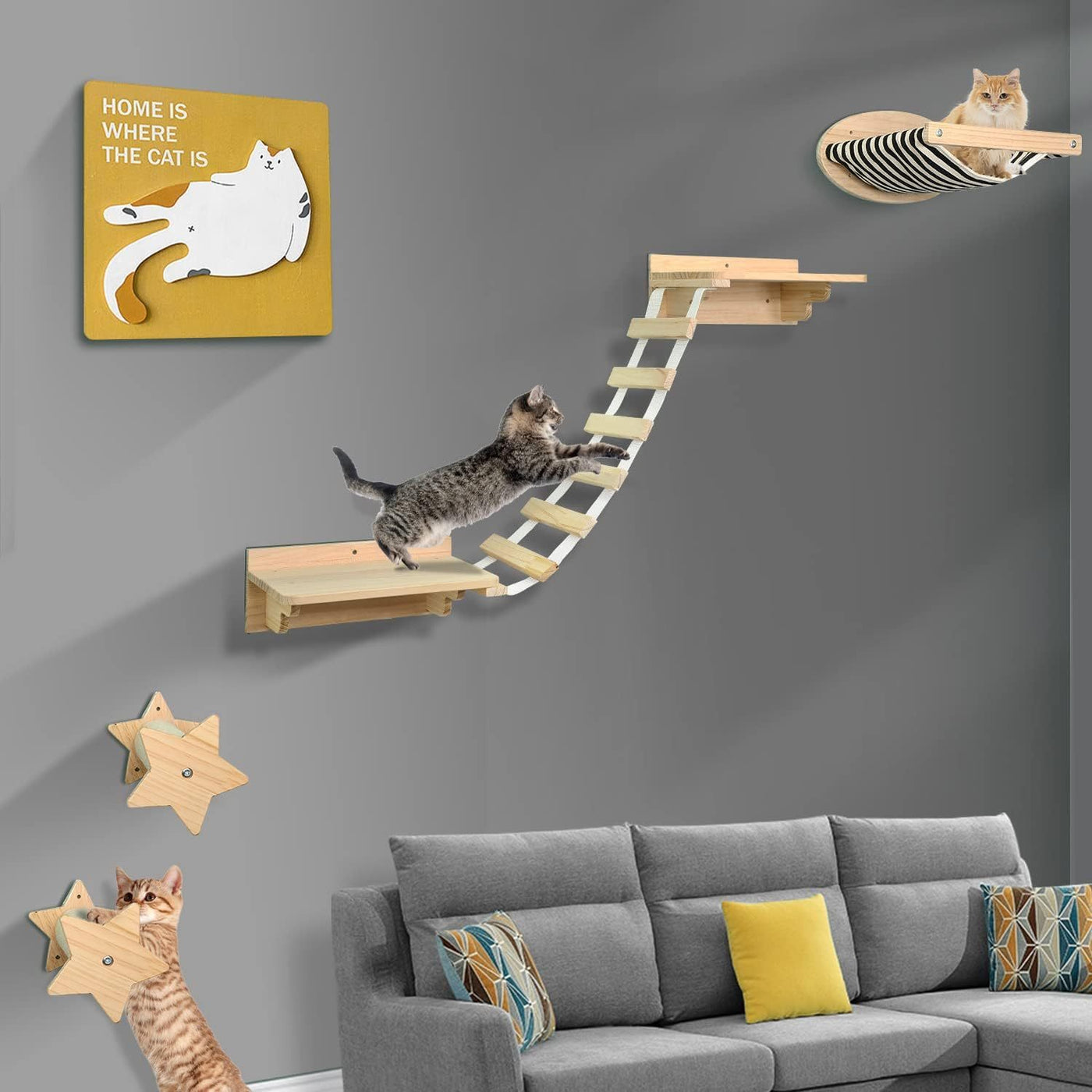 Cat Wall Hammock Climbing Shelves with 2 Steps Wall Mounted Cat Perch Bed for Indoor Large Cats – Wood Color Cat Furniture for Climbing Sleeping and Playing