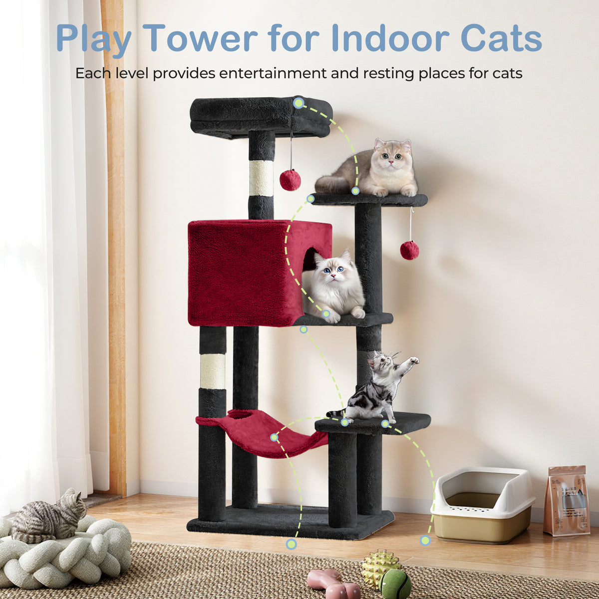 44-Inch Large Cat Tree Tower with Condo, Hammock & Sisal Scratching Posts – Multi-Level Indoor Cat House for Multiple Cats