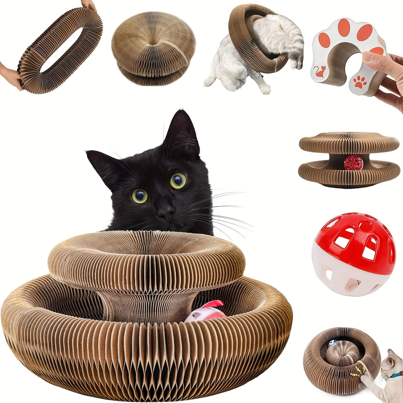 Magical Organ Cat Scratching Board with Ball Track & Bell Balls - Foldable Wear-Resistant Interactive Cat Scratcher Toy for Indoor Cats, Includes Scratching Post & 3 Bell Balls