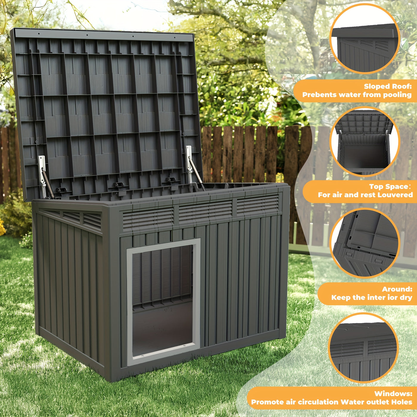 XXXL Outdoor Dog House for Large Dogs – All-Weather Resin Kennel with Gas-Lift Ventilated Canopy, UV-Proof & StormProof Design, Easy Assembly Shelter for Multi-Pet Households