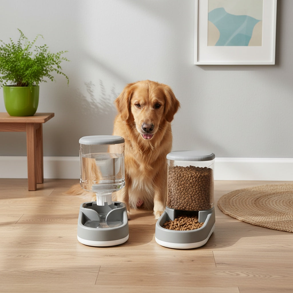 Gravity Dog Food Feeder and Water Dispenser Set 8-Pound Large Capacity Automatic Pet Feeding Station for Big Medium Small Dogs & Cats - 2-Piece Plastic BPA-Free Set